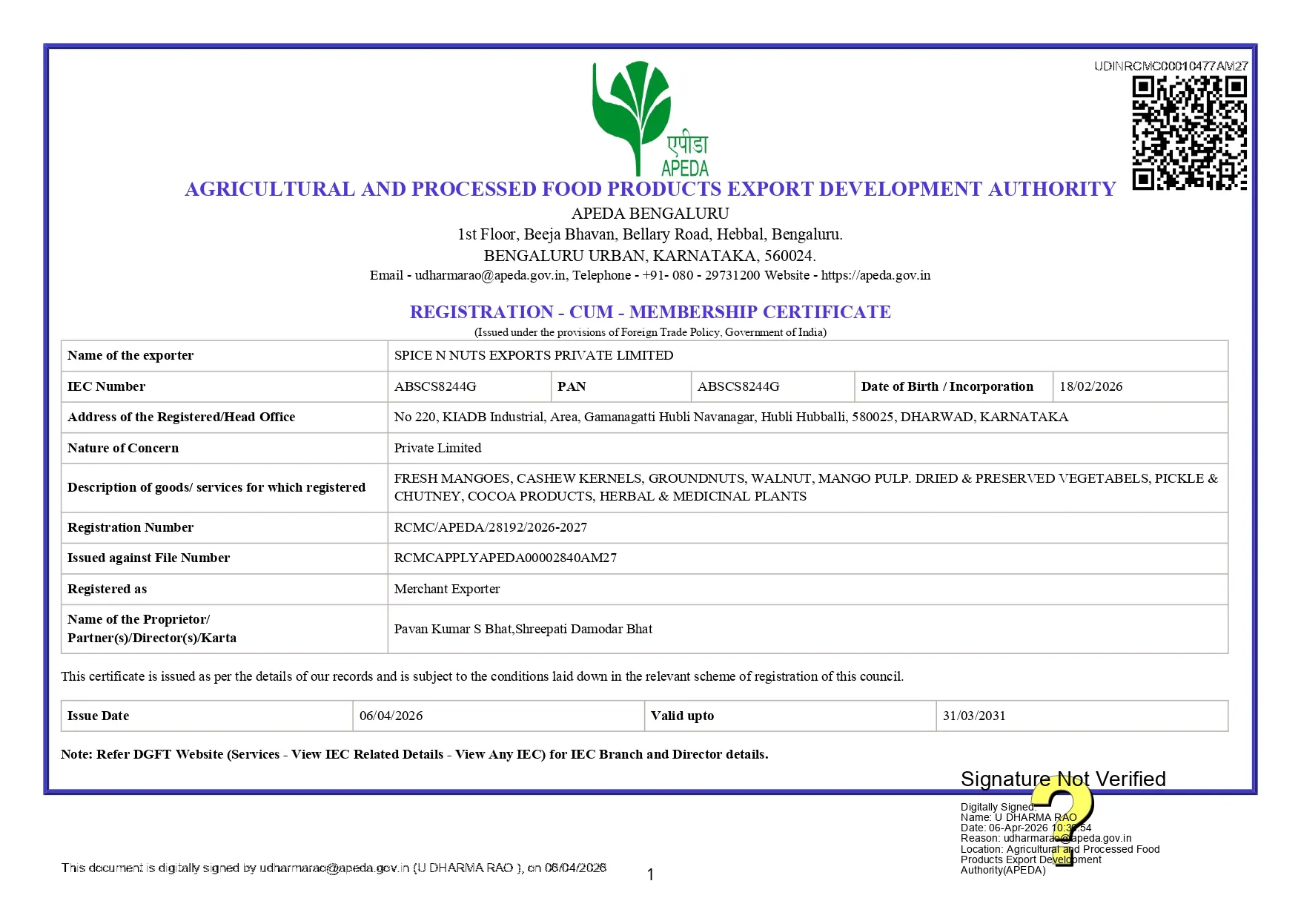 APEDA-RCMC-01
